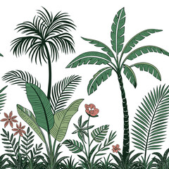 Tropical vintage botanical palm trees, banana tree, green plants floral seamless border white background. vector	
