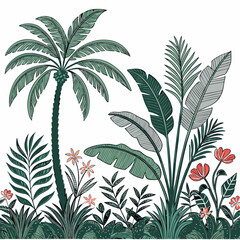 Tropical vintage botanical palm trees, banana tree, green plants floral seamless border white background. vector	