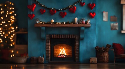 Obraz premium Cozy Fireplace with Festive Holiday Decor in Warm Living Room