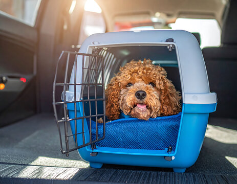 Cute, curly brown dog inside a blue carrier in a cars trunk. Captures travel safety, pet care, and the joy of companionship. Suitable for vet, travel, pet supply themes.
