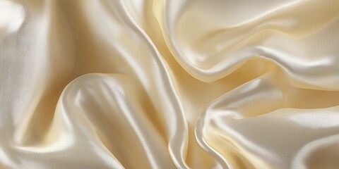 Close up of flowing cream colored satin fabric with soft folds and subtle light reflections