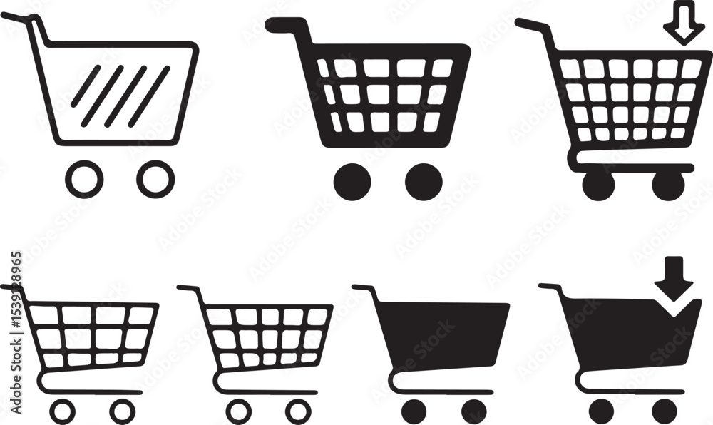 Poster Assorted Shopping Cart Icons Depicting Empty and Full States Plus an Arrow Symbolizing Adding to the Cart