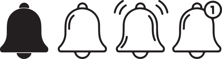 Notification Bell Icons Representing Different States Ranging from Silent to Notification Pending to Alert
