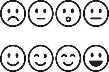 Variety of Simple Black and White Emoticons Illustrating Range of Emotions from Sadness to Joy and Neutrality in Vector Format