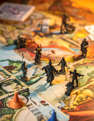 Closeup showing a strategic board game with miniature figures in play. Evokes competition, strategy, planning, and decisionmaking. Good for business or leisure themes.