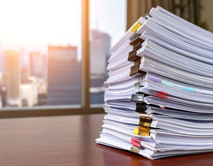 Overworked in the city A large stack of papers, secured with colorful clips, sits on a desk with a cityscape view. Great for business, finance, or overwhelm.