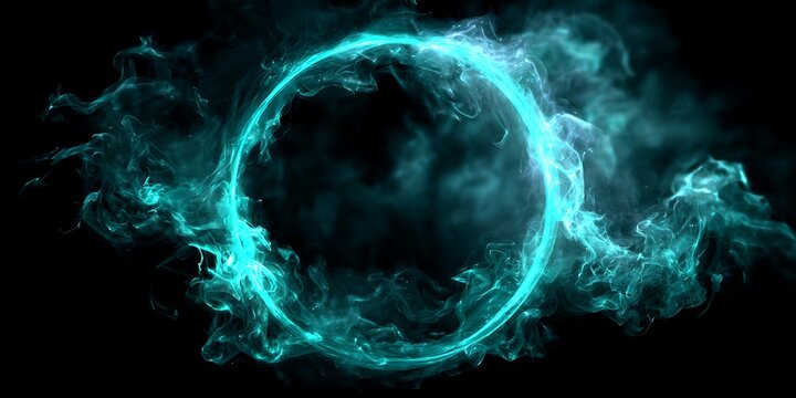 A glowing teal ring surrounded by smoky teal textures on a dark black background in a digital rendering