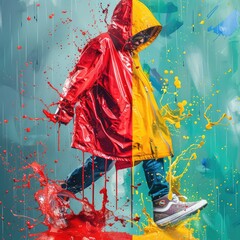 Shoes and raincoat on sale with dynamic splash effects, lifestyle art capturing monsoon fashion and vibrant discounts. AI generated illustration.