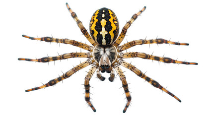 Obraz premium Creepy brown hairy garden spider isolated on white background, a scary macro closeup of the wild insect predator