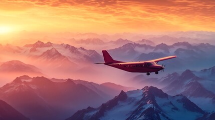 Fototapeta premium Propeller Plane Soaring Over Majestic Mountainous Landscape at Dramatic Sunset