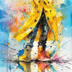 Shoes and raincoat on sale with dynamic splash effects, lifestyle art capturing monsoon fashion and vibrant discounts. AI generated illustration.