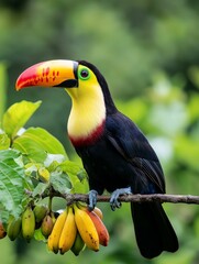 Obraz premium Close-up of a toucan bird perched on a branch with a bunch of bananas. the toucan has a bright yellow beak with a red and black stripe running down the middle.