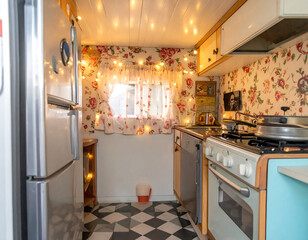 Cozy vintage kitchen interior with floral wallpaper and string lights. Retro appliances and checkered floor create a nostalgic and charming atmosphere. Ideal for home design, travel concepts.