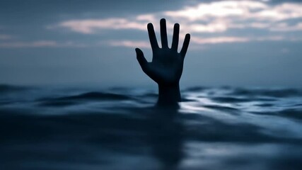 Desperate hand reaching out from water under a dramatic sky seeking assistance and help