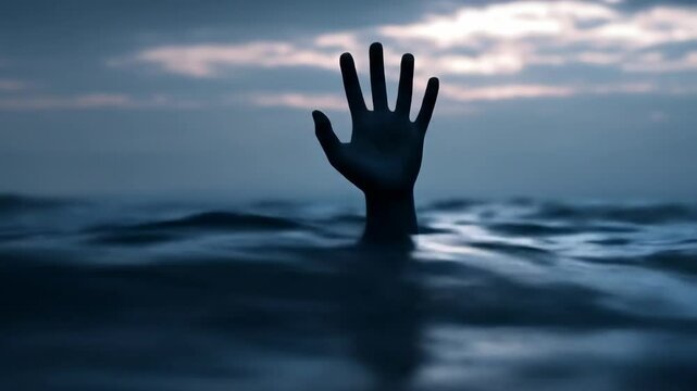 Desperate hand reaching out from water under a dramatic sky seeking assistance and help