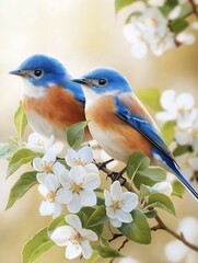 Obraz premium Two bluebirds perched on a branch of a tree with white flowers. the birds are facing each other and their bodies are facing towards the left side of the image.