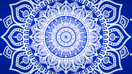 abstract seamless pattern. A detailed white mandala ornament radiates on a bold blue background, perfect for meditation, zen concept, boho decor, or spiritual themes 