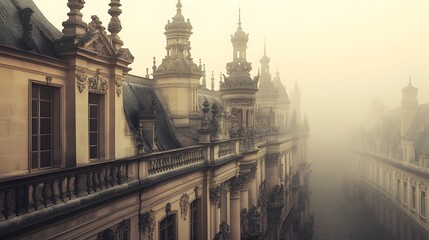 Fototapeta premium Misty Medieval Palace Fortress with Spires and Towers in Atmospheric Landscape