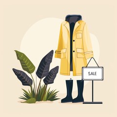 Stylish rain boots and coat arranged next to a bold sale sign, clean flat layout with modern design elements and vibrant colors for monsoon shopping promotion. AI generated illustration.