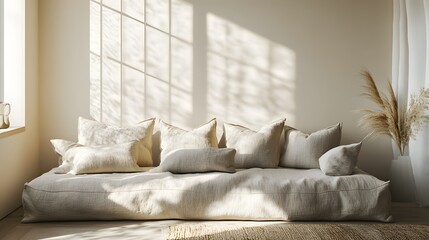 Cozy and Inviting Living Room with Plush Pillows and Bright Natural Lighting