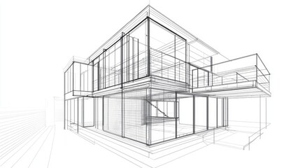 Architectural drawing of a modern house exterior.