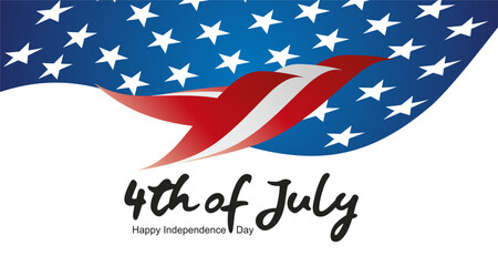4th of July USA Independence Day greeting card. Handwritten USA color shaped abstract bird eagle symbol typography calligraphy lettering with stars on blue white background