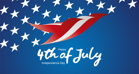 4th of July USA Independence Day greeting card. Handwritten USA color shaped abstract bird eagle symbol white typography calligraphy lettering with stars on blue background
