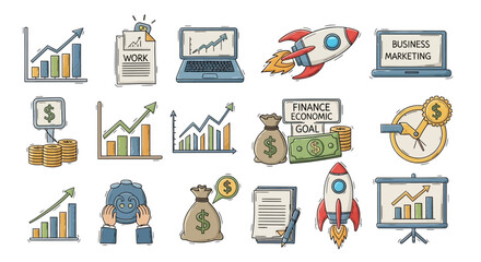 Hand-drawn Business Growth Icons Finance, Marketing, and Startup Success