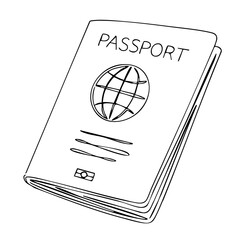 Black outline vector of a passport with globe emblem, isolated travel document icon