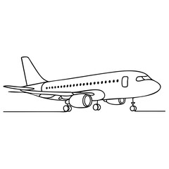 Vector line art of a commercial airplane on runway, black outline travel illustration