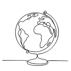 Monochrome vector line illustration of a globe with continents in stylized outline design