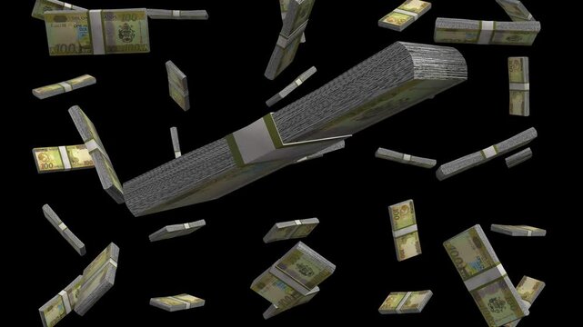 Falling stacks of Solomon Islands dollar bills in a dynamic display