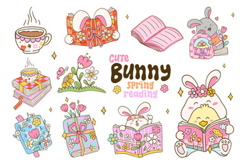 Fototapeta premium Cute bunny and Spring Bookish elements isolated on white background. Vector illustration.
