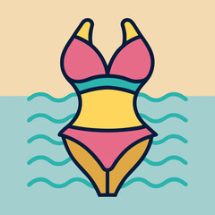 Illustration of a summer bikini swimsuit in the ocean with sandy beach