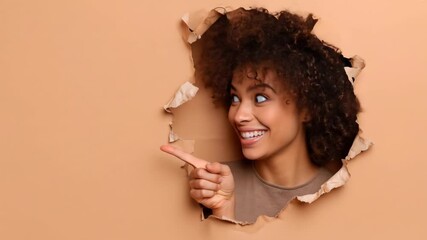Excited woman emerging from torn paper background portrait for marketing or advertising purposes - Powered by Adobe
