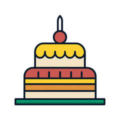 Two layer birthday cake with cherry and candle against white background