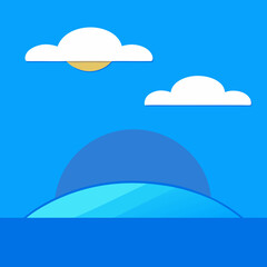 Simple cartoon landscape with a hill sun clouds and sky illustration
