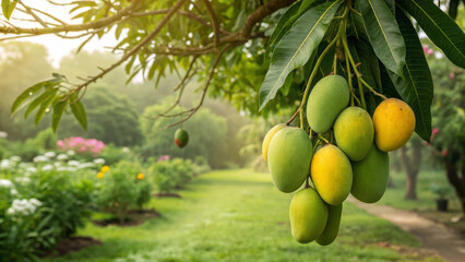 Ripe Mangoes on Branch: Lush Garden Setting at Sunrise