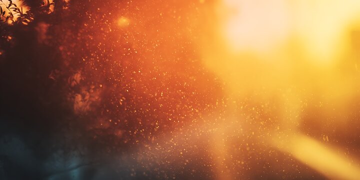 A blurred view of sunlight shining through trees with dust particles in the air creating a warm glow