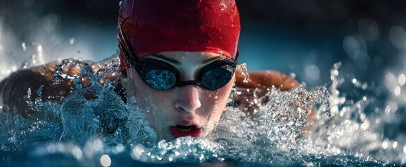 Professional female swimmer executing powerful stroke with water splashes in competitive pool
Close-up of a female swimmer in a freestyle swimming position, wearing a red cap and black goggles