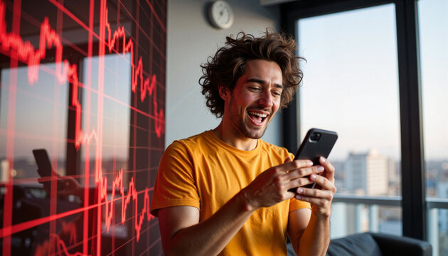 Young man smiling while using smartphone in modern office setting  