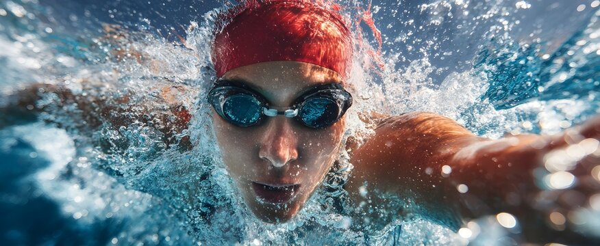 Professional female swimmer executing powerful stroke with water splashes in competitive pool
Close-up of a female swimmer in a freestyle swimming position, wearing a red cap and black goggles