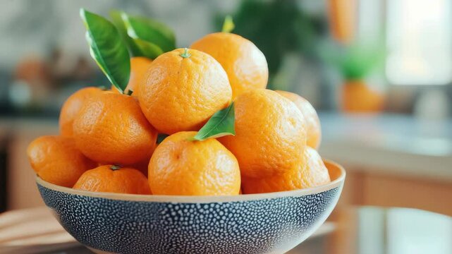 A bowl of oranges with green leaves on top. The bowl is blue and has a pattern on it. The oranges are arranged in a way that they are all touching each other