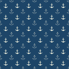 Small white ship anchors isolated on blue background. Monochrome seamless pattern. Vector simple flat graphic illustration. Texture. © far700