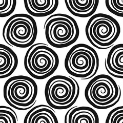 Black spiral circles isolated on white background. Geometric monochrome seamless pattern. Vector simple flat graphic hand drawn illustration. Texture.