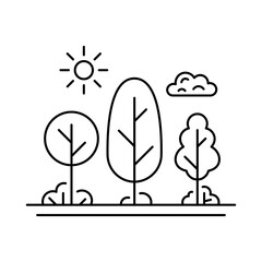 Trees, sun and cloud icon. Black outline linear silhouette. Editable strokes. Front side view. Vector simple flat graphic illustration. Isolated object on white background. Isolate.