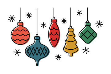 Different multicolored hanging Christmas tree toys. Colored silhouette. Editable strokes. Front side view. Vector simple flat graphic illustration. Isolated object on white background. Isolate.