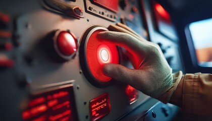 Close-up of a gloved hand precisely adjusting a glowing red dial on a complex control panel, suggesting advanced technology, scientific research, or industrial machinery operation.