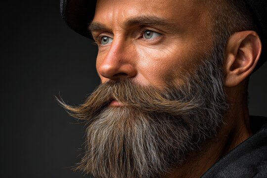 Captivating portrait of a bearded man showcasing extraordinary grooming and style in soft lighting