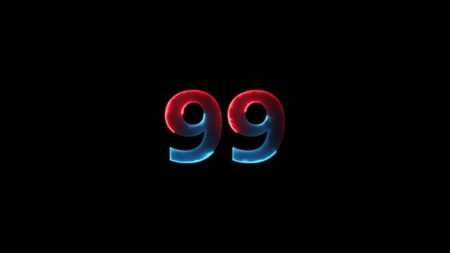 Abstract glowing neon number "99'' animation. Blue and purple neon futuristic effect. Trendy glow lighting